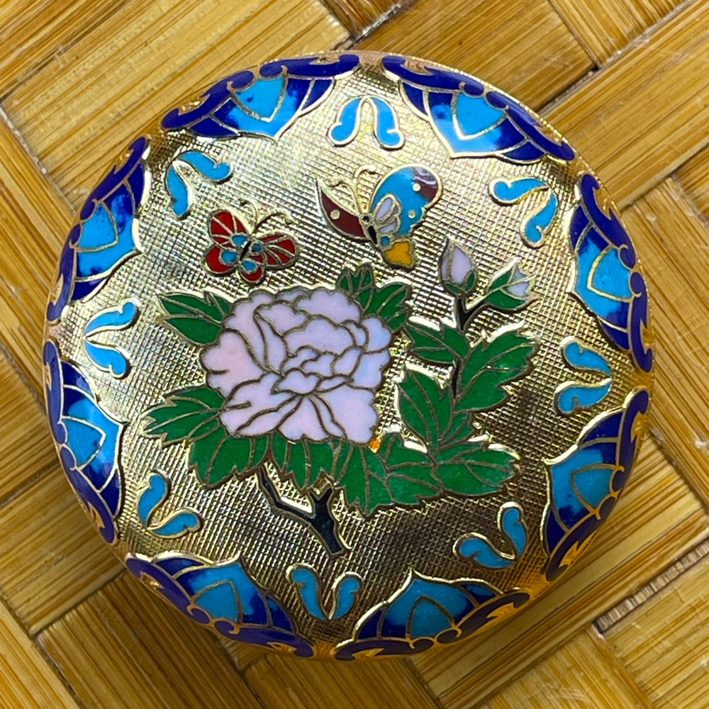 Exquisite vintage cloisonne brass trinket box w/original box